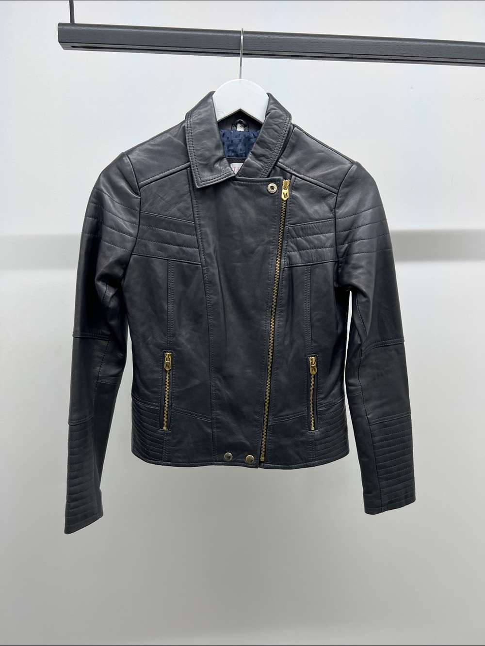 Ted Baker Leather Asymmetric Moto Jacket with Gold Hardware